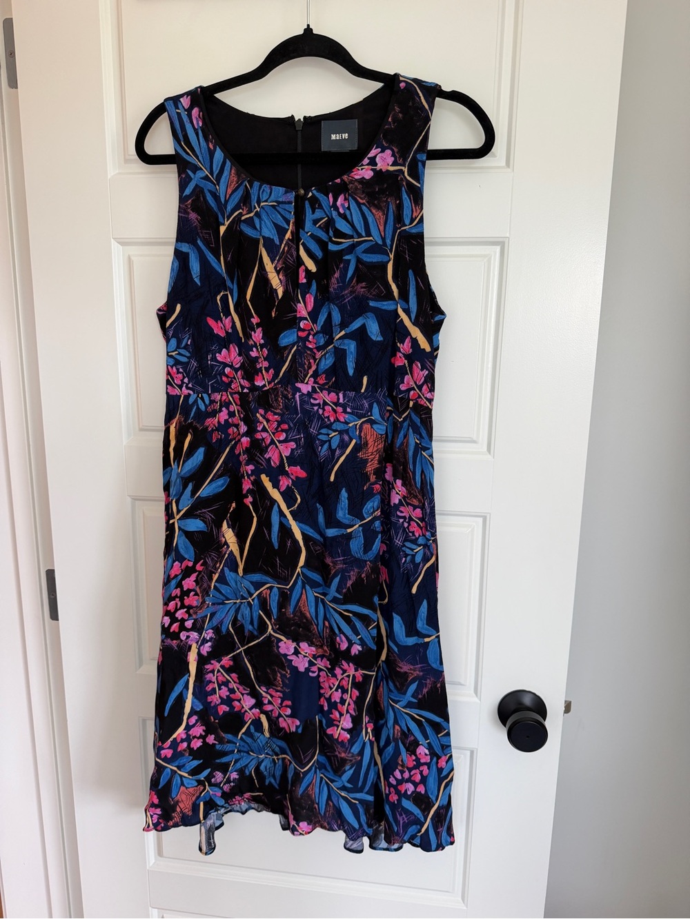 Maeve Black Floral Sleeveless A-Line Dress with Blue & Pink Botanical Print